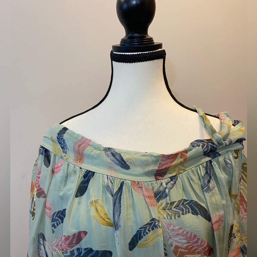Sage green peasant blouse with feather design Size L/XL romantic boho oversized